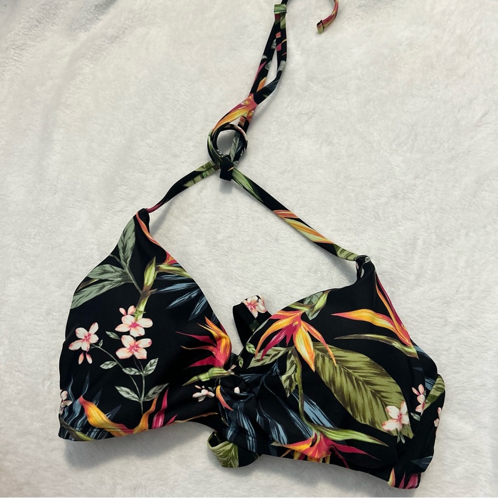 Kona Sol Black Tropical Floral Bikini Top with Green, Yellow and Pink Accents